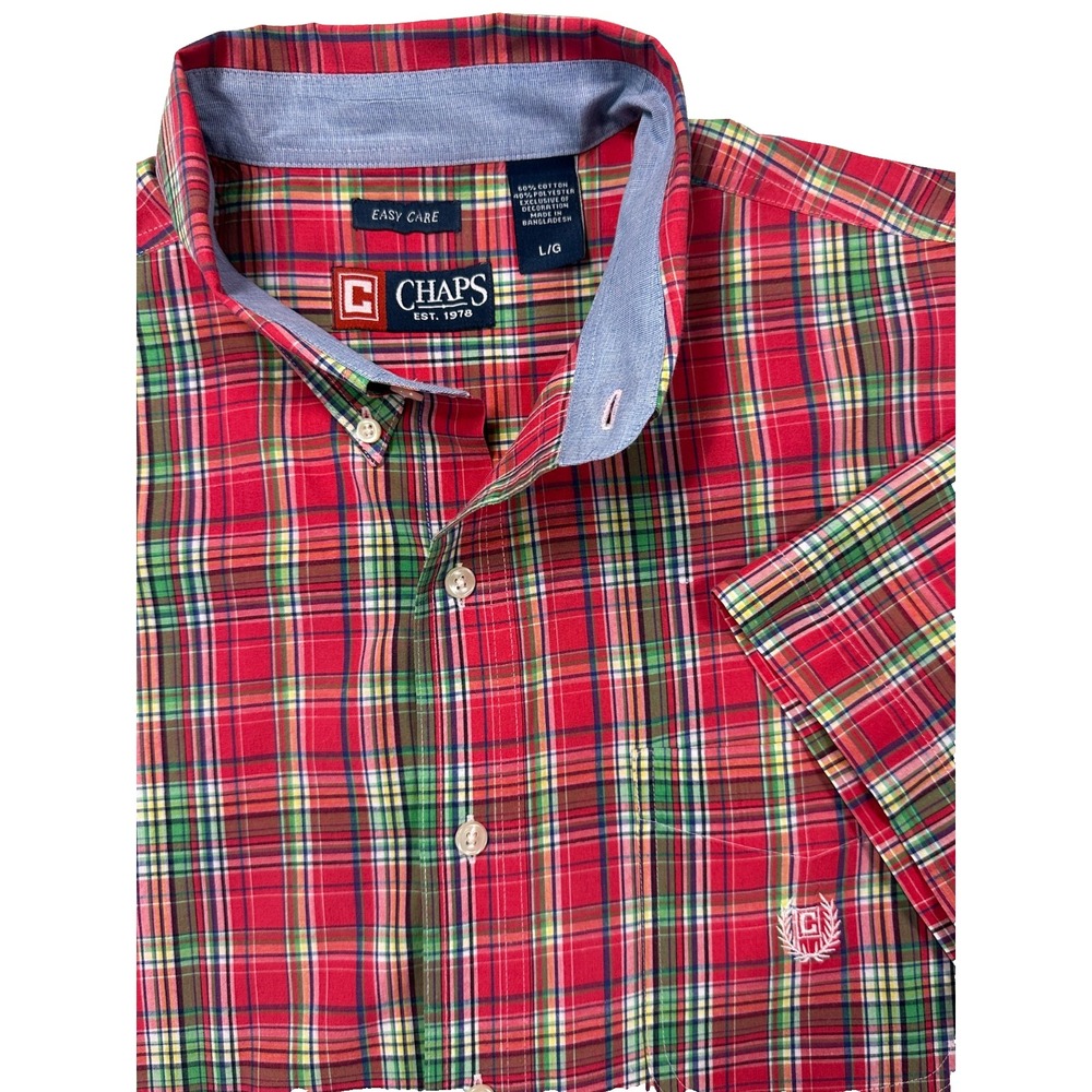 Chaps Shirt Mens Sz L Easy Care Pink Plaid Short Sleeve Embroidered Button Down